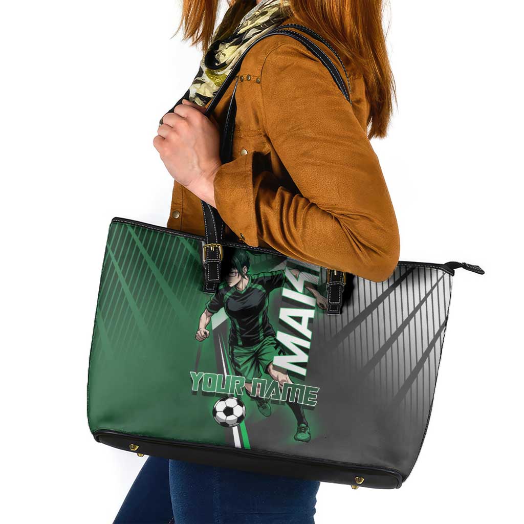 Personalized Maki Zenin Jujutsu Kaisen Leather Tote Bag Anime Soccer Design, Green Monochrome Action Pose
