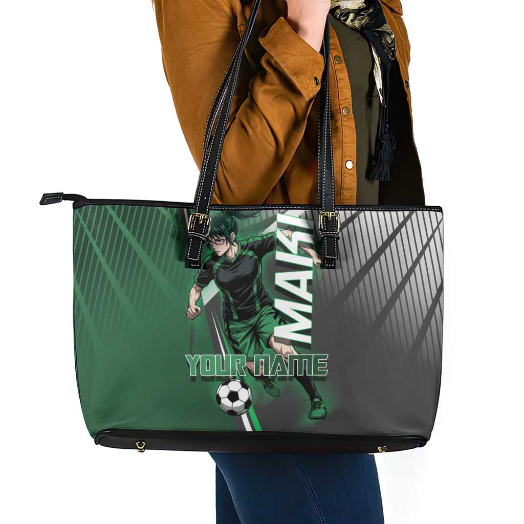 Personalized Maki Zenin Jujutsu Kaisen Leather Tote Bag Anime Soccer Design, Green Monochrome Action Pose