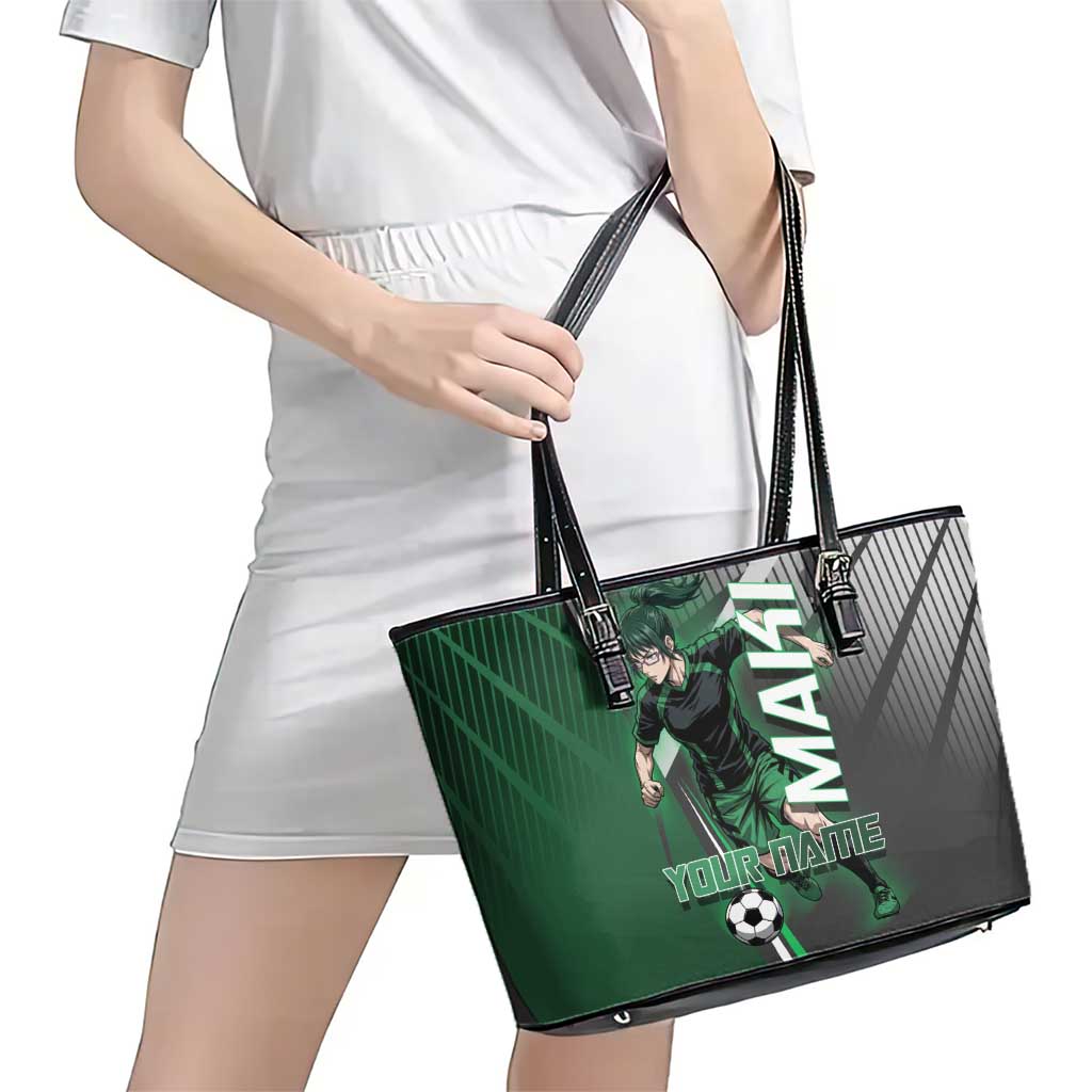 Personalized Maki Zenin Jujutsu Kaisen Leather Tote Bag Anime Soccer Design, Green Monochrome Action Pose