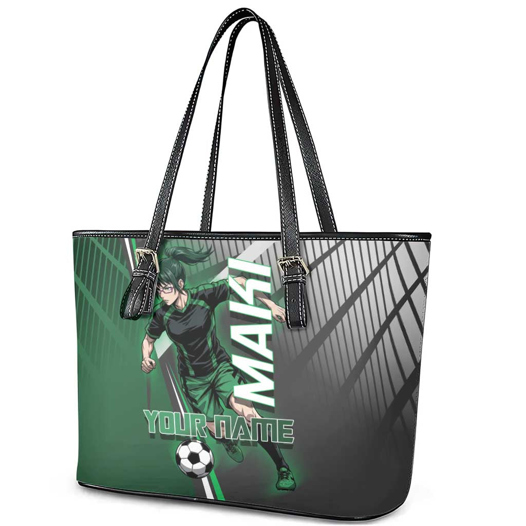 Personalized Maki Zenin Jujutsu Kaisen Leather Tote Bag Anime Soccer Design, Green Monochrome Action Pose