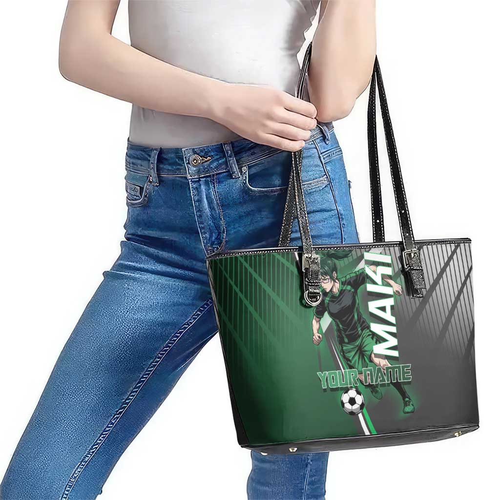 Personalized Maki Zenin Jujutsu Kaisen Leather Tote Bag Anime Soccer Design, Green Monochrome Action Pose