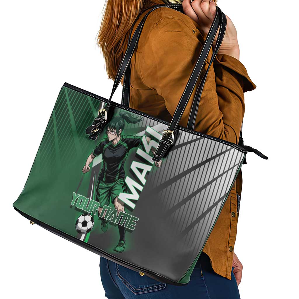 Personalized Maki Zenin Jujutsu Kaisen Leather Tote Bag Anime Soccer Design, Green Monochrome Action Pose