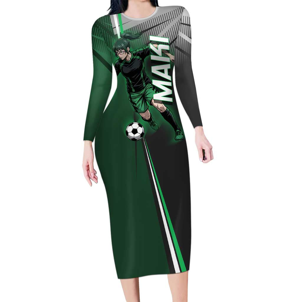 Personalized Maki Zenin Jujutsu Kaisen Long Sleeve Bodycon Dress Anime Soccer Design, Green Monochrome Action Pose
