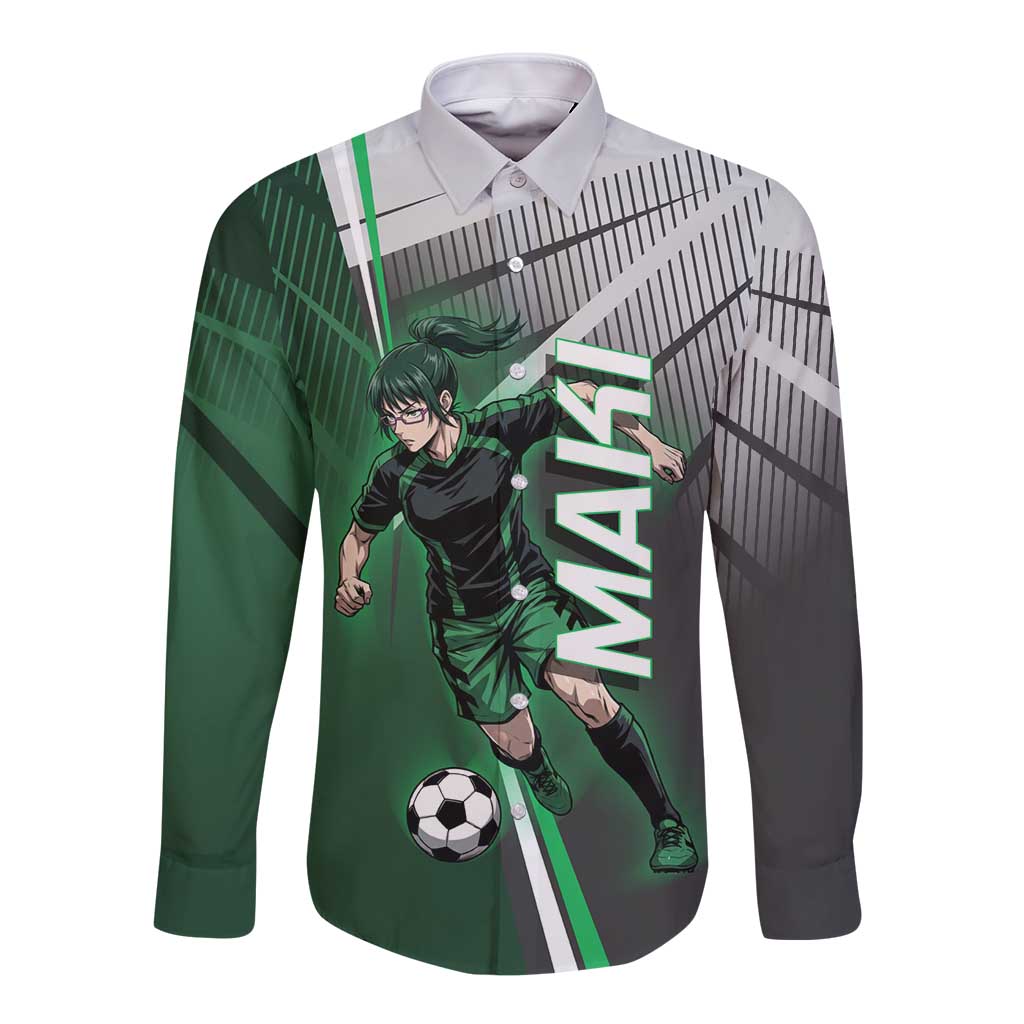 Personalized Maki Zenin Jujutsu Kaisen Long Sleeve Button Shirt Anime Soccer Design, Green Monochrome Action Pose