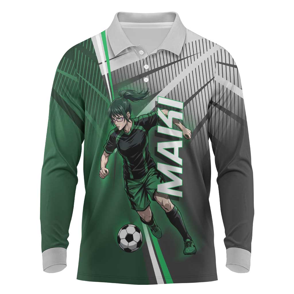 Personalized Maki Zenin Jujutsu Kaisen Long Sleeve Polo Shirt Anime Soccer Design, Green Monochrome Action Pose