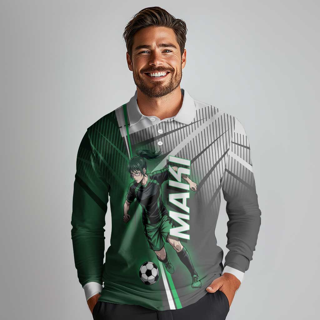 Personalized Maki Zenin Jujutsu Kaisen Long Sleeve Polo Shirt Anime Soccer Design, Green Monochrome Action Pose