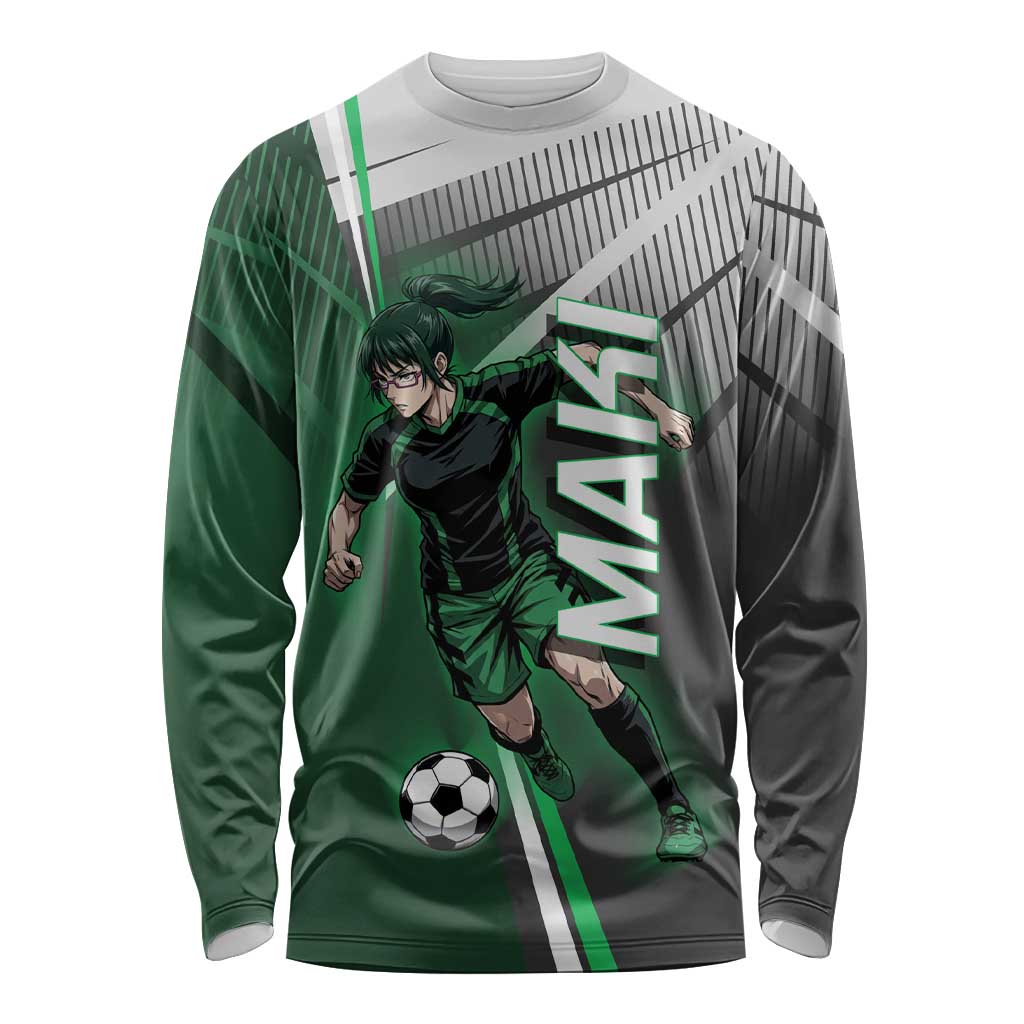 Personalized Maki Zenin Jujutsu Kaisen Long Sleeve Shirt Anime Soccer Design, Green Monochrome Action Pose