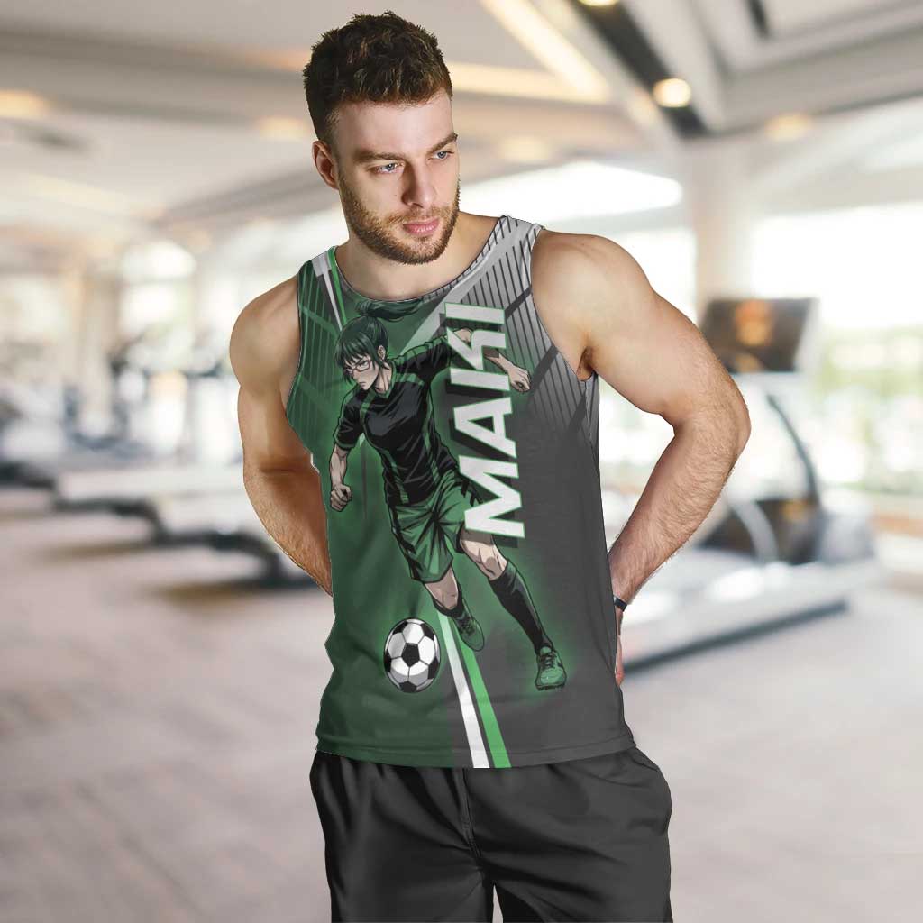 Personalized Maki Zenin Jujutsu Kaisen Men Tank Top Anime Soccer Design, Green Monochrome Action Pose