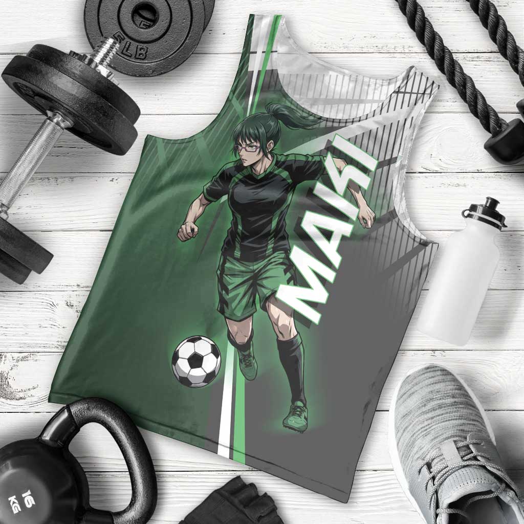 Personalized Maki Zenin Jujutsu Kaisen Men Tank Top Anime Soccer Design, Green Monochrome Action Pose