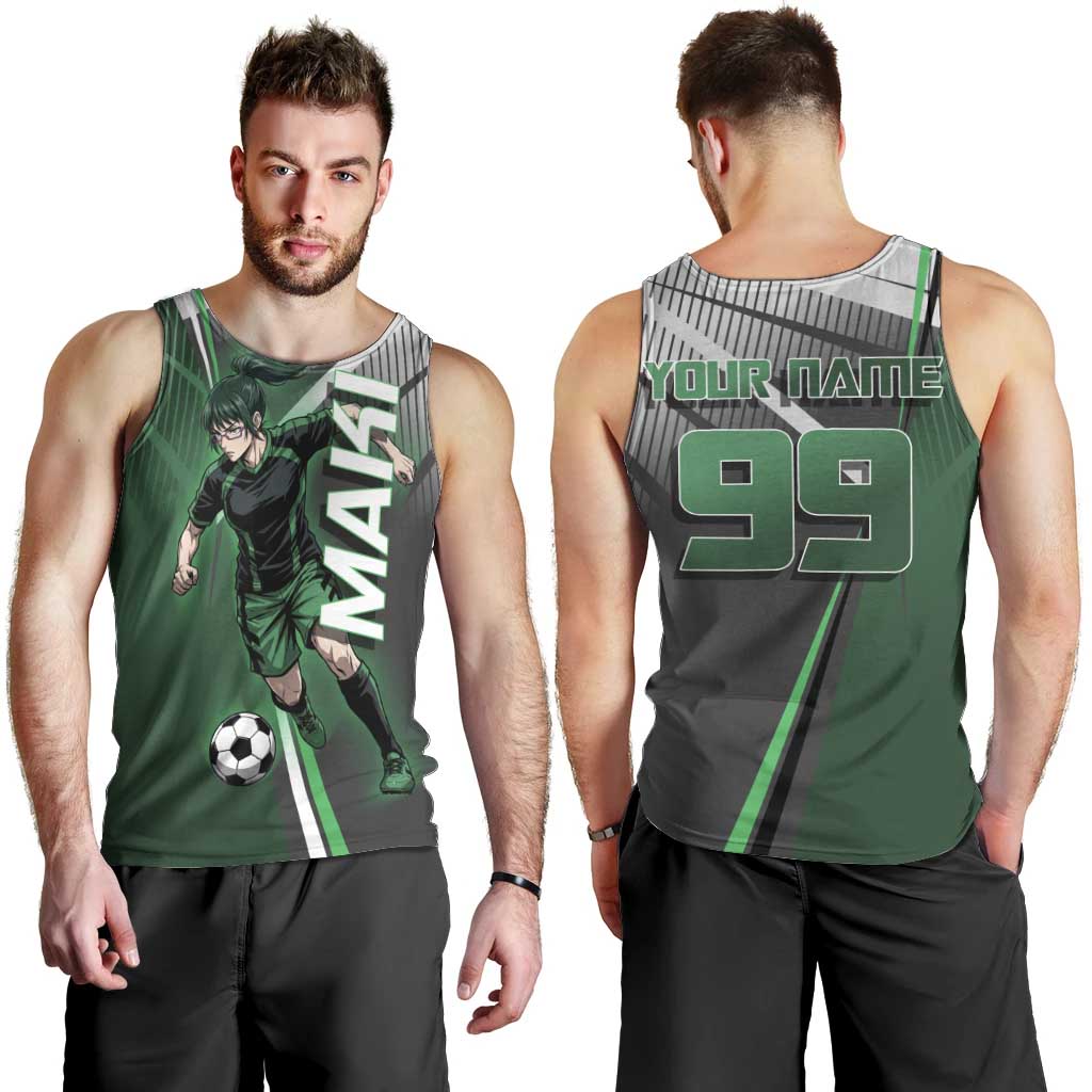 Personalized Maki Zenin Jujutsu Kaisen Men Tank Top Anime Soccer Design, Green Monochrome Action Pose