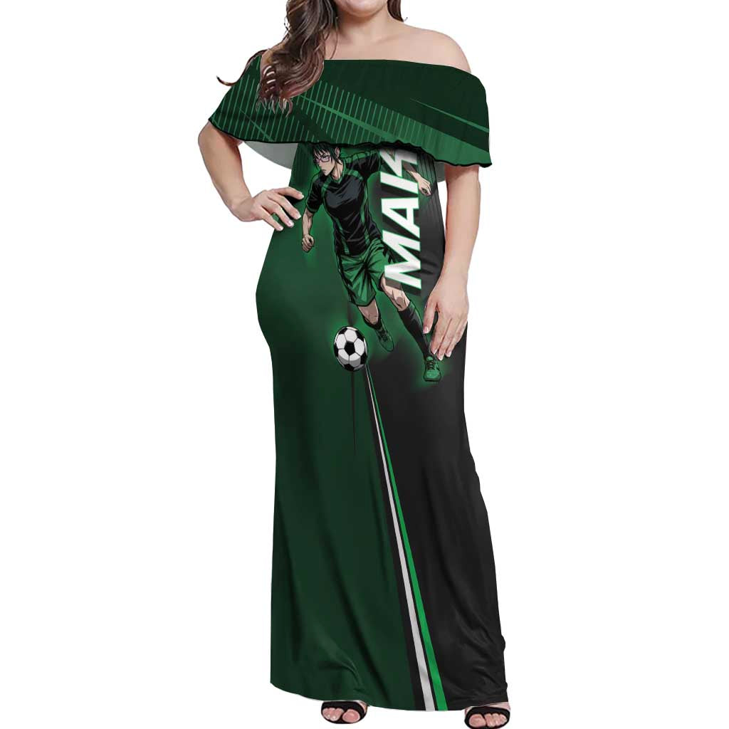 Personalized Maki Zenin Jujutsu Kaisen Off Shoulder Maxi Dress Anime Soccer Design, Green Monochrome Action Pose