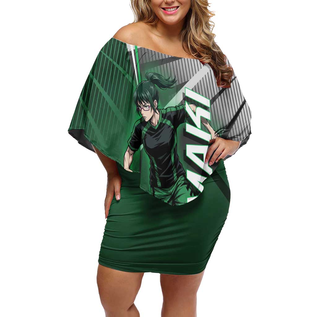 Personalized Maki Zenin Jujutsu Kaisen Off Shoulder Short Dress Anime Soccer Design, Green Monochrome Action Pose