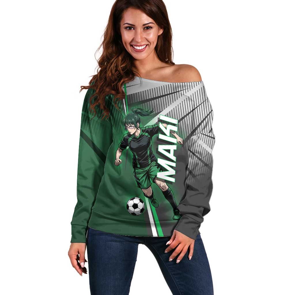Personalized Maki Zenin Jujutsu Kaisen Off Shoulder Sweater Anime Soccer Design, Green Monochrome Action Pose
