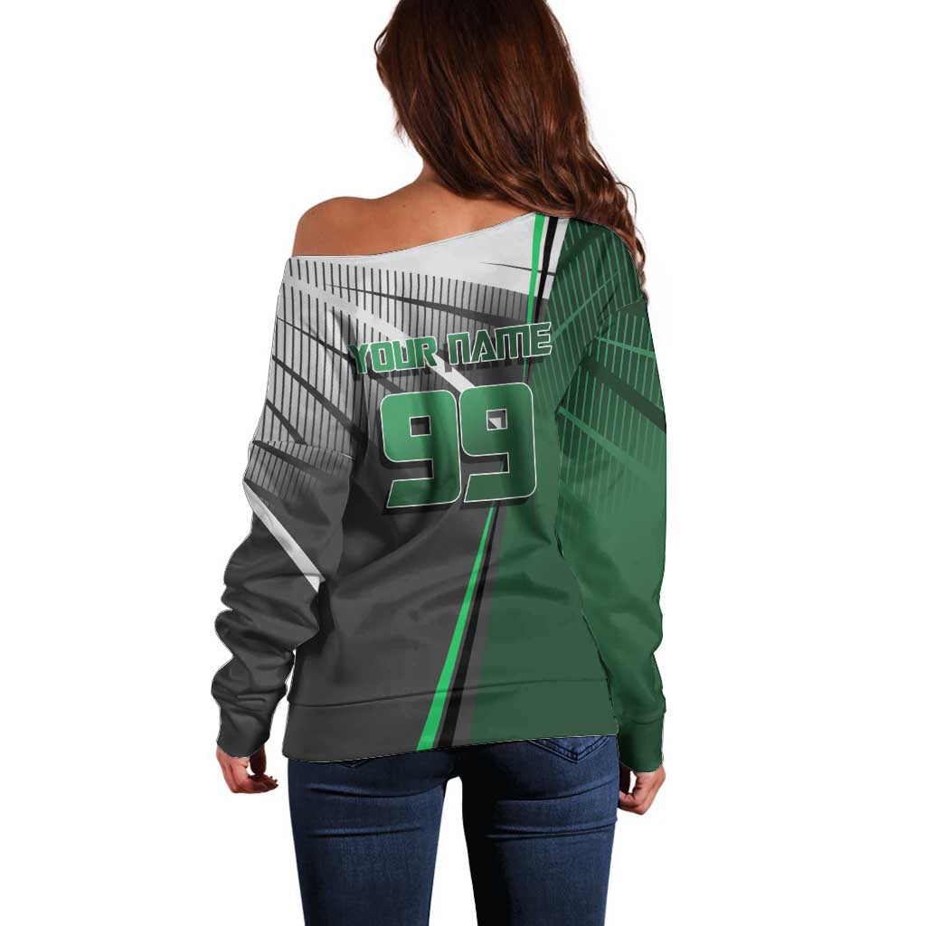 Personalized Maki Zenin Jujutsu Kaisen Off Shoulder Sweater Anime Soccer Design, Green Monochrome Action Pose