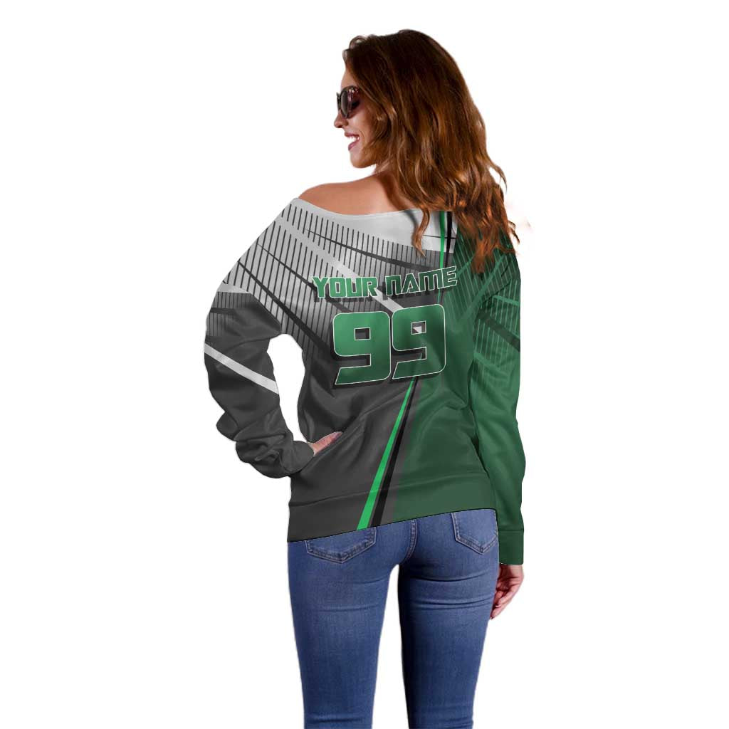 Personalized Maki Zenin Jujutsu Kaisen Off Shoulder Sweater Anime Soccer Design, Green Monochrome Action Pose