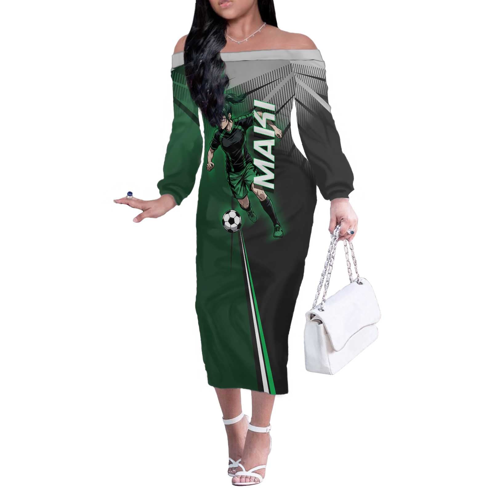 Personalized Maki Zenin Jujutsu Kaisen Off The Shoulder Long Sleeve Dress Anime Soccer Design, Green Monochrome Action Pose