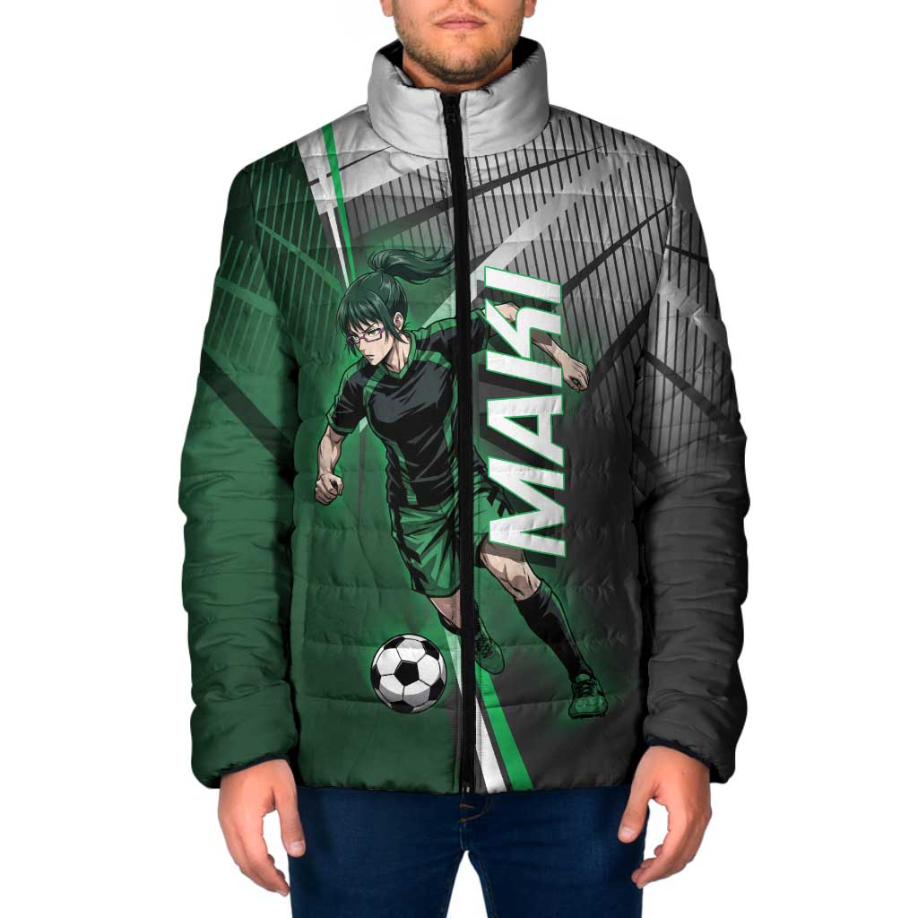 Personalized Maki Zenin Jujutsu Kaisen Padded Jacket Anime Soccer Design, Green Monochrome Action Pose