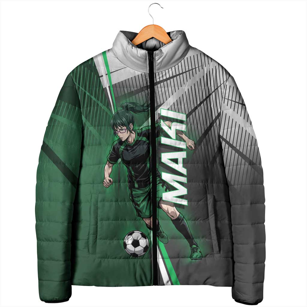 Personalized Maki Zenin Jujutsu Kaisen Padded Jacket Anime Soccer Design, Green Monochrome Action Pose