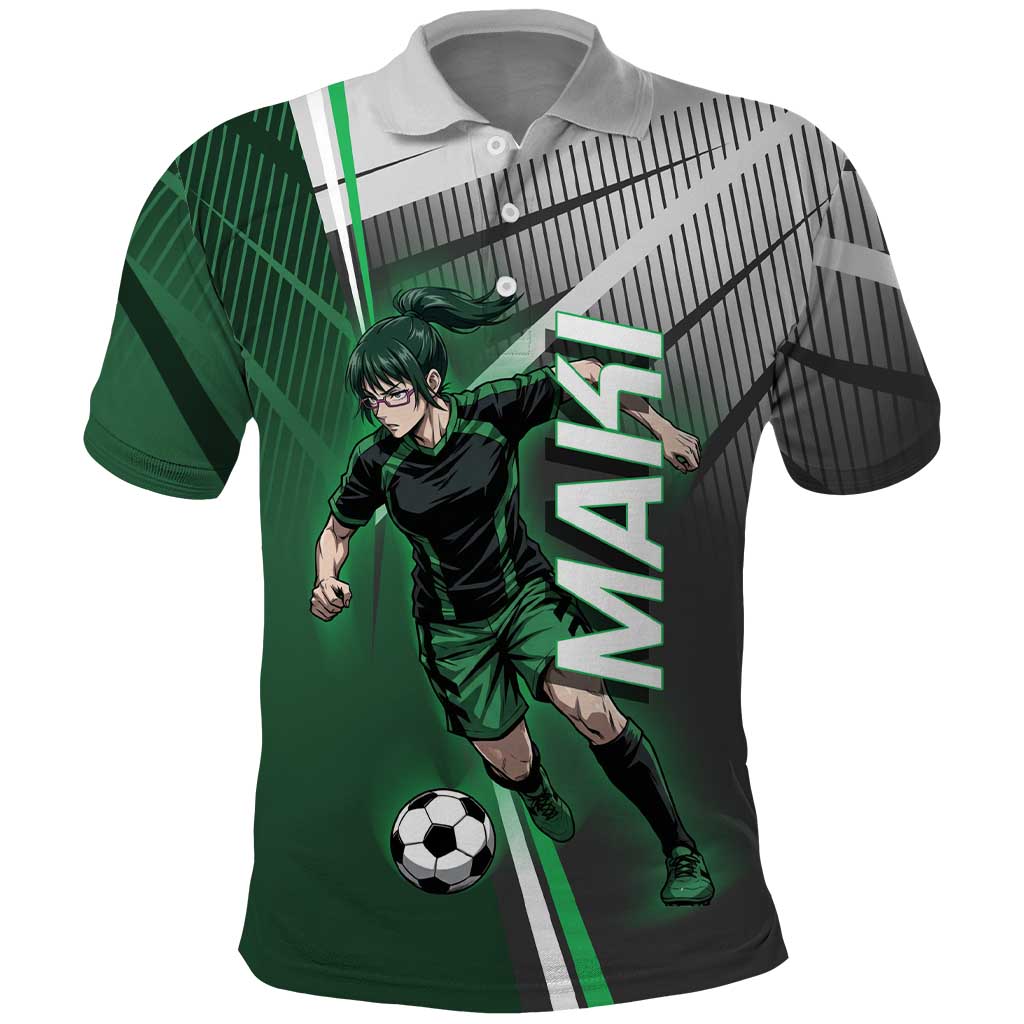 Personalized Maki Zenin Jujutsu Kaisen Polo Shirt Anime Soccer Design, Green Monochrome Action Pose