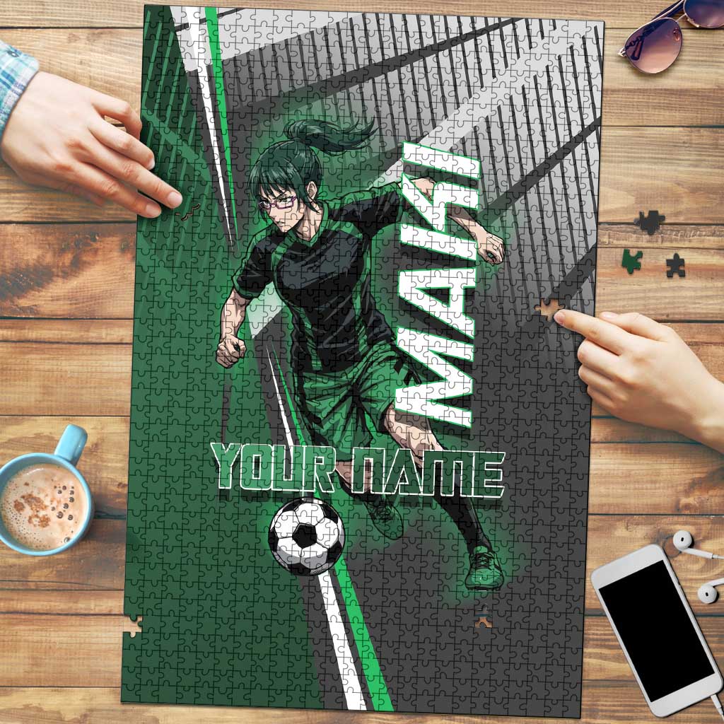 Personalized Maki Zenin Jujutsu Kaisen Puzzle Anime Soccer Design, Green Monochrome Action Pose