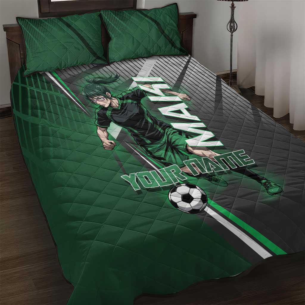 Personalized Maki Zenin Jujutsu Kaisen Quilt Bed Set Anime Soccer Design, Green Monochrome Action Pose