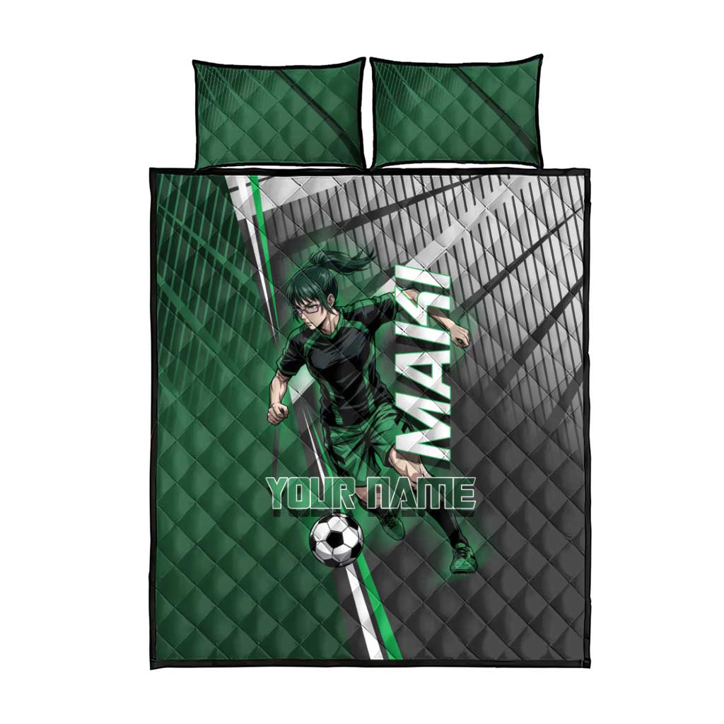Personalized Maki Zenin Jujutsu Kaisen Quilt Bed Set Anime Soccer Design, Green Monochrome Action Pose