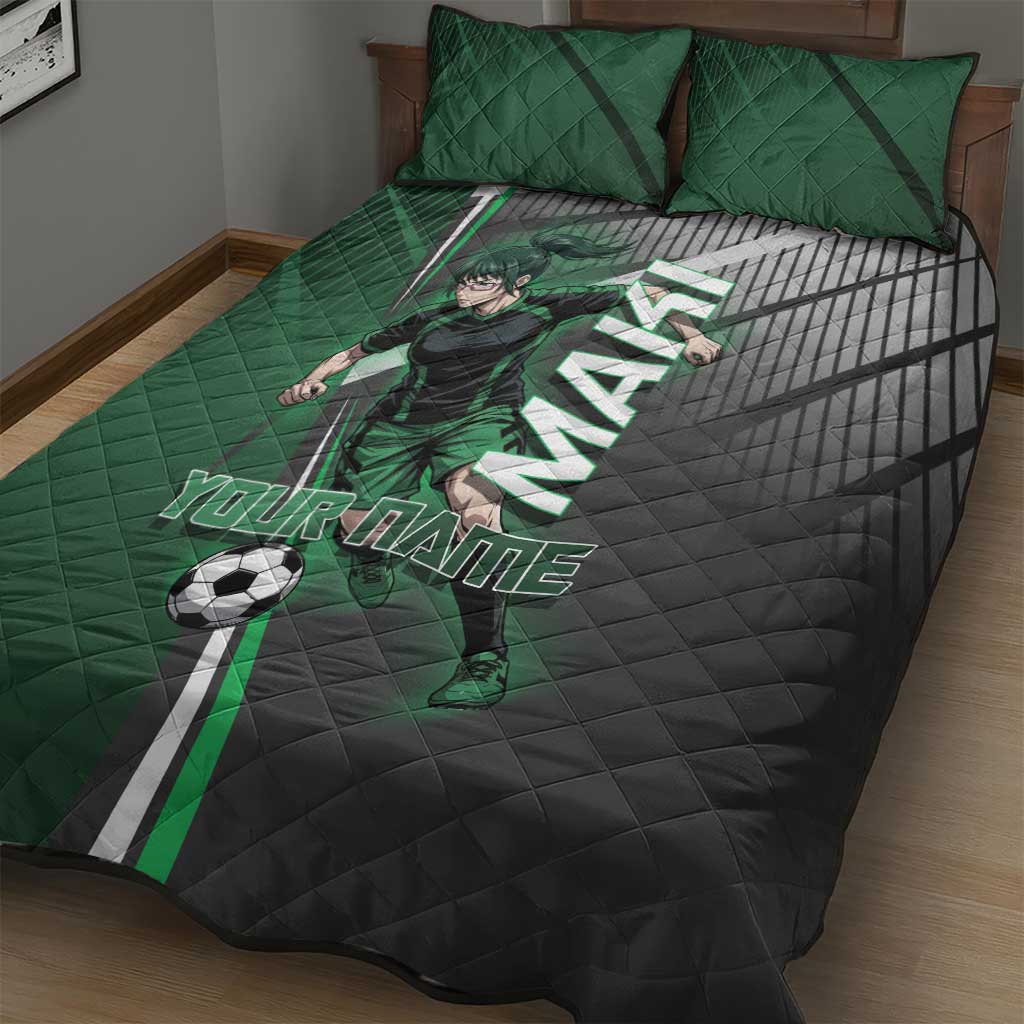 Personalized Maki Zenin Jujutsu Kaisen Quilt Bed Set Anime Soccer Design, Green Monochrome Action Pose