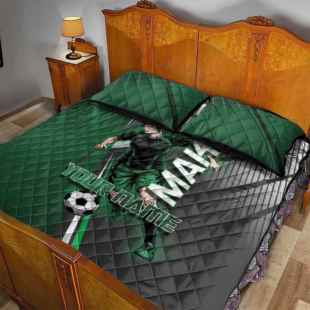 Personalized Maki Zenin Jujutsu Kaisen Quilt Bed Set Anime Soccer Design, Green Monochrome Action Pose