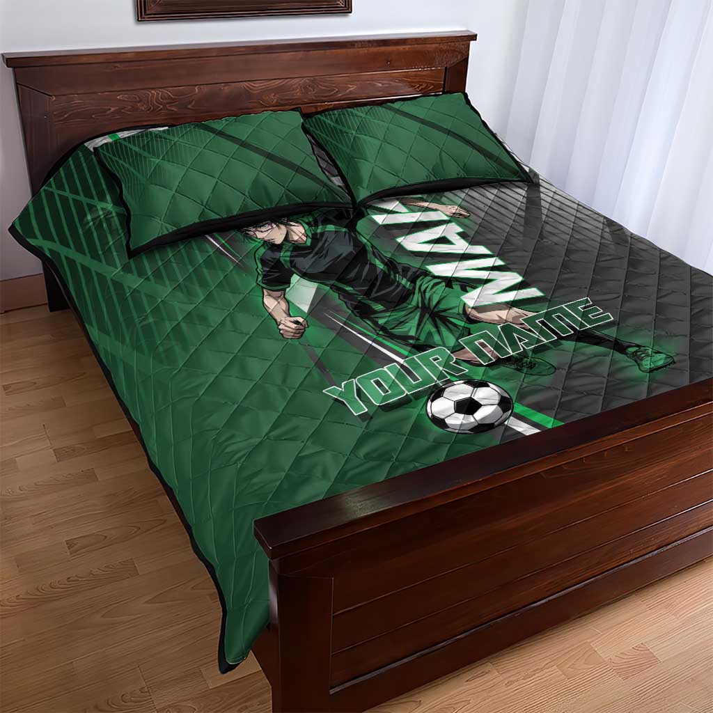 Personalized Maki Zenin Jujutsu Kaisen Quilt Bed Set Anime Soccer Design, Green Monochrome Action Pose