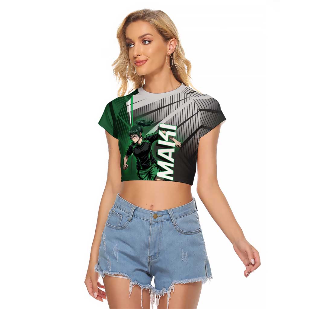 Personalized Maki Zenin Jujutsu Kaisen Raglan Cropped T Shirt Anime Soccer Design, Green Monochrome Action Pose