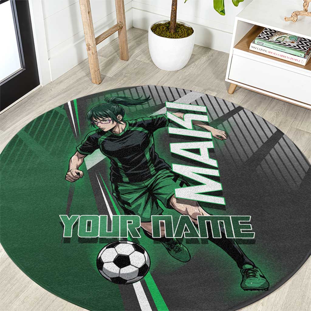 Personalized Maki Zenin Jujutsu Kaisen Round Carpet Anime Soccer Design, Green Monochrome Action Pose