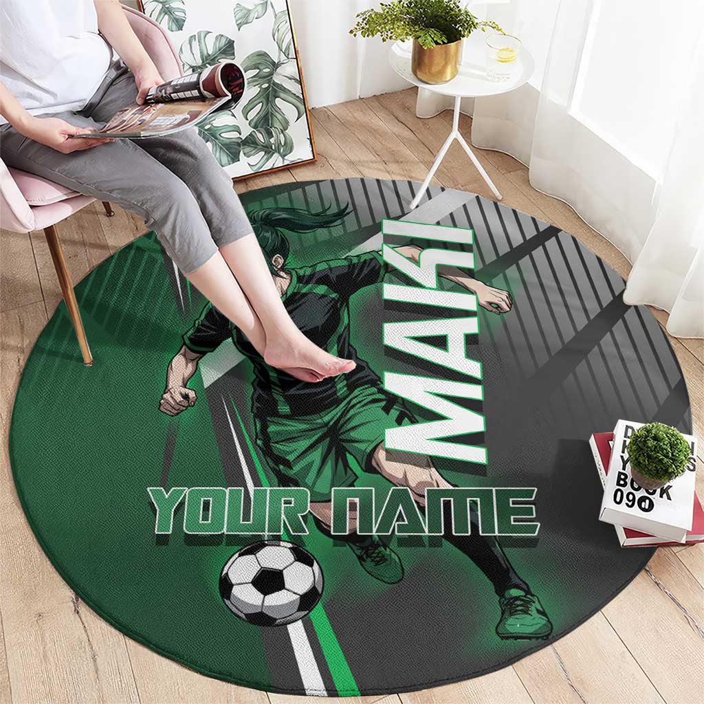 Personalized Maki Zenin Jujutsu Kaisen Round Carpet Anime Soccer Design, Green Monochrome Action Pose