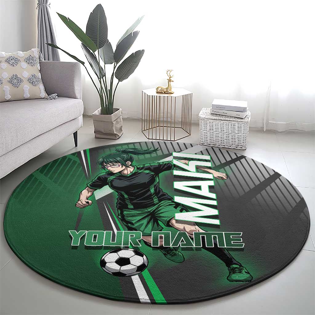 Personalized Maki Zenin Jujutsu Kaisen Round Carpet Anime Soccer Design, Green Monochrome Action Pose