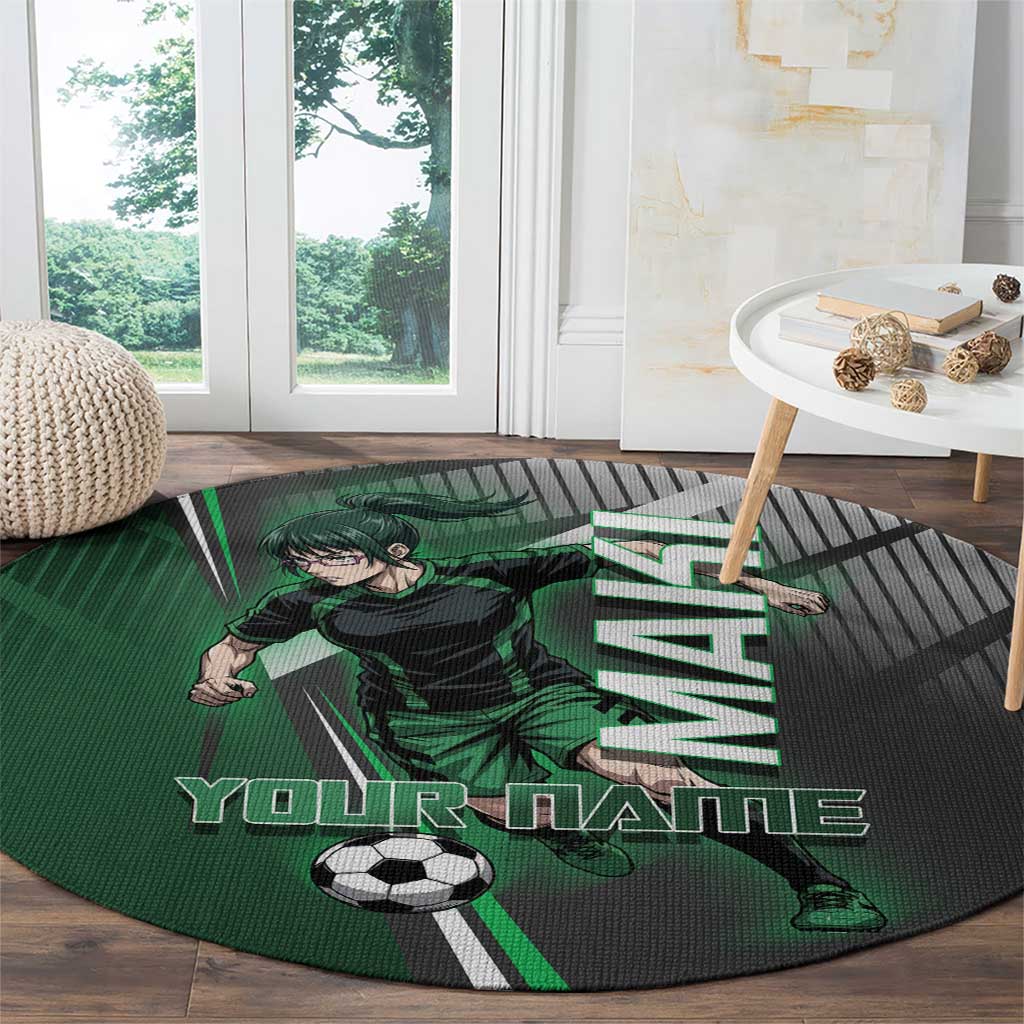 Personalized Maki Zenin Jujutsu Kaisen Round Carpet Anime Soccer Design, Green Monochrome Action Pose