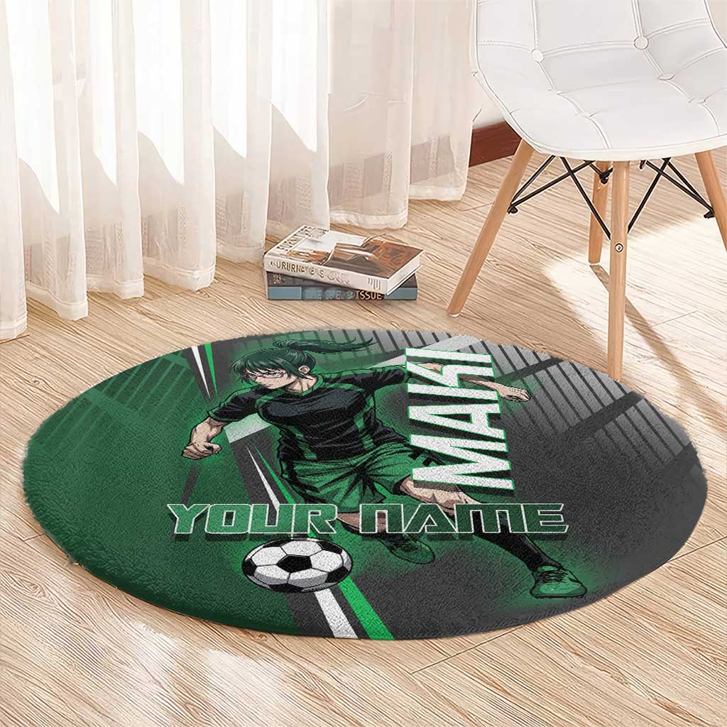 Personalized Maki Zenin Jujutsu Kaisen Round Carpet Anime Soccer Design, Green Monochrome Action Pose