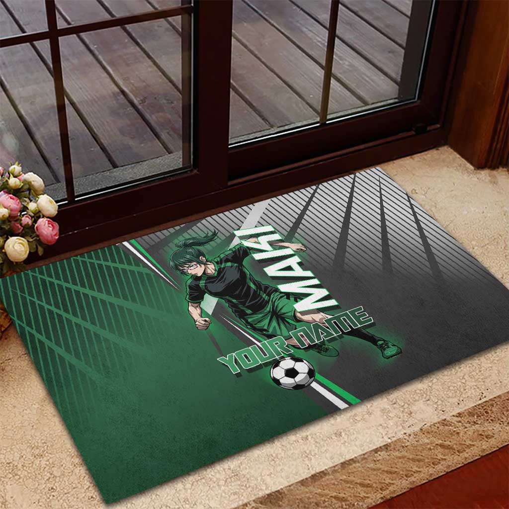 Personalized Maki Zenin Jujutsu Kaisen Rubber Doormat Anime Soccer Design, Green Monochrome Action Pose