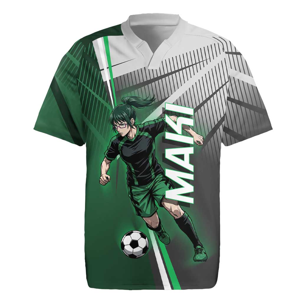 Personalized Maki Zenin Jujutsu Kaisen Rugby Jersey Anime Soccer Design, Green Monochrome Action Pose