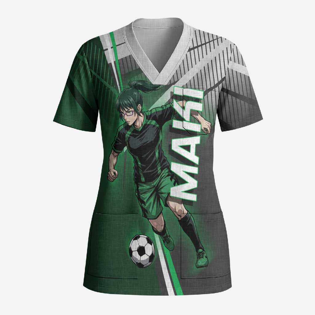 Personalized Maki Zenin Jujutsu Kaisen Scrub Top Anime Soccer Design, Green Monochrome Action Pose