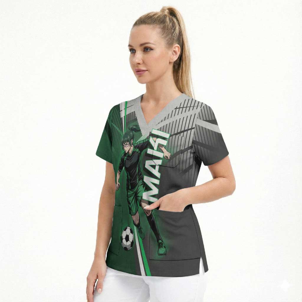 Personalized Maki Zenin Jujutsu Kaisen Scrub Top Anime Soccer Design, Green Monochrome Action Pose