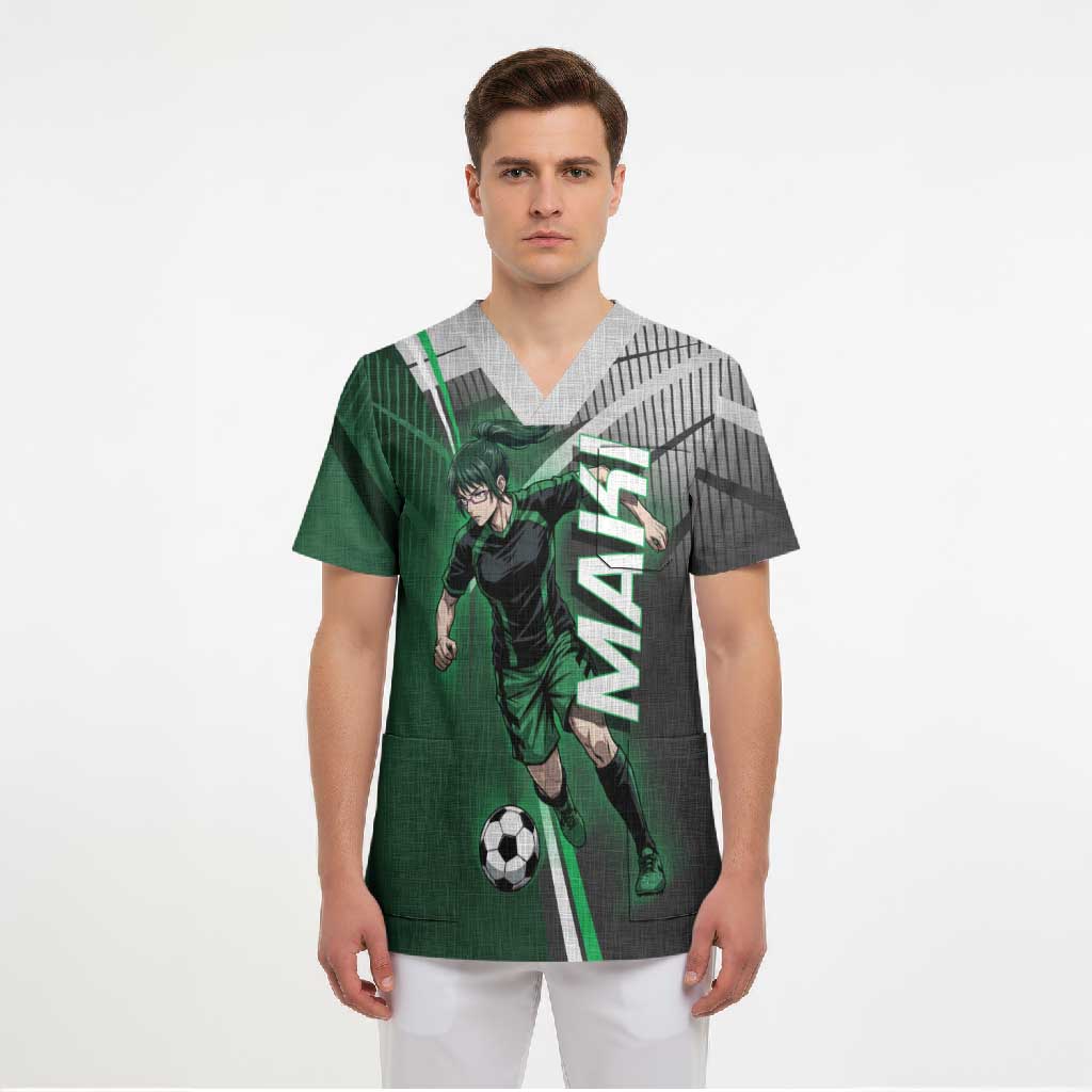 Personalized Maki Zenin Jujutsu Kaisen Scrub Top Anime Soccer Design, Green Monochrome Action Pose