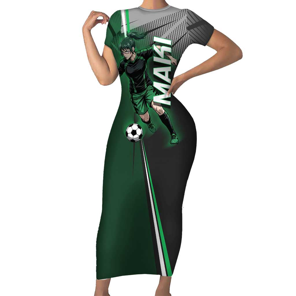 Personalized Maki Zenin Jujutsu Kaisen Short Sleeve Bodycon Dress Anime Soccer Design, Green Monochrome Action Pose