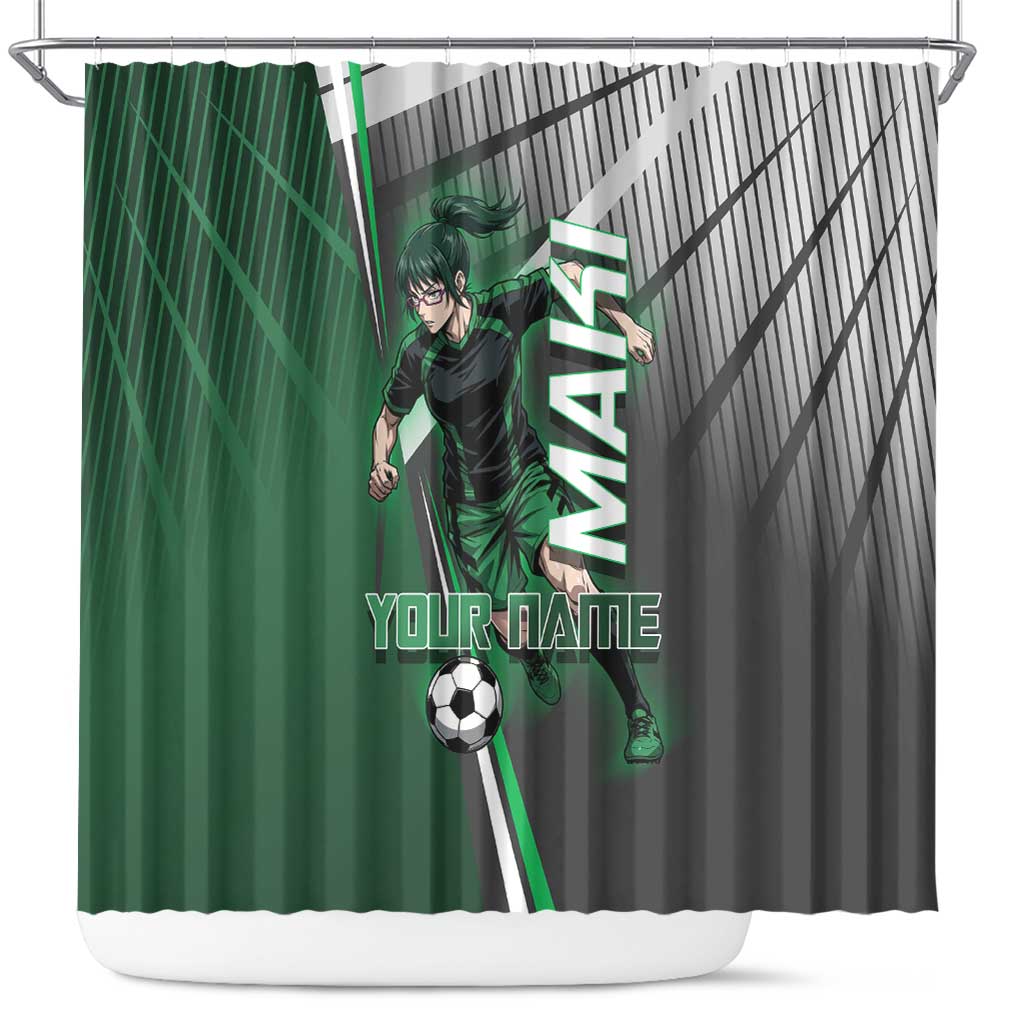 Personalized Maki Zenin Jujutsu Kaisen Shower Curtain Anime Soccer Design, Green Monochrome Action Pose