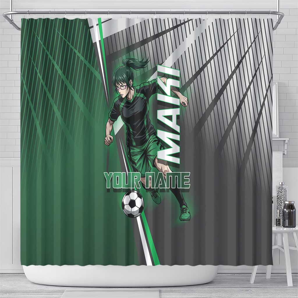 Personalized Maki Zenin Jujutsu Kaisen Shower Curtain Anime Soccer Design, Green Monochrome Action Pose
