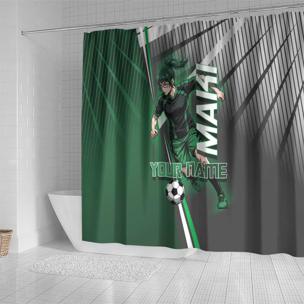 Personalized Maki Zenin Jujutsu Kaisen Shower Curtain Anime Soccer Design, Green Monochrome Action Pose