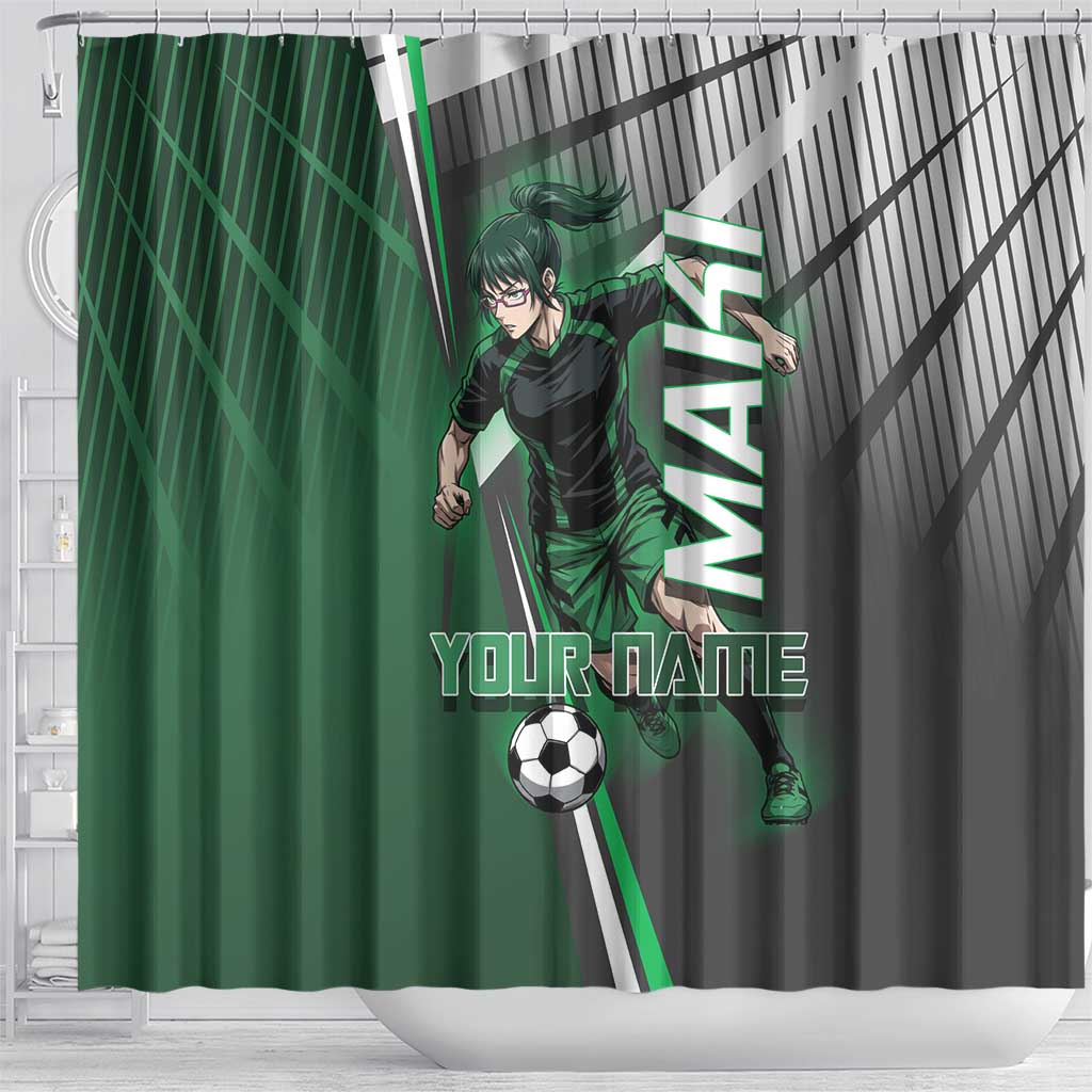 Personalized Maki Zenin Jujutsu Kaisen Shower Curtain Anime Soccer Design, Green Monochrome Action Pose