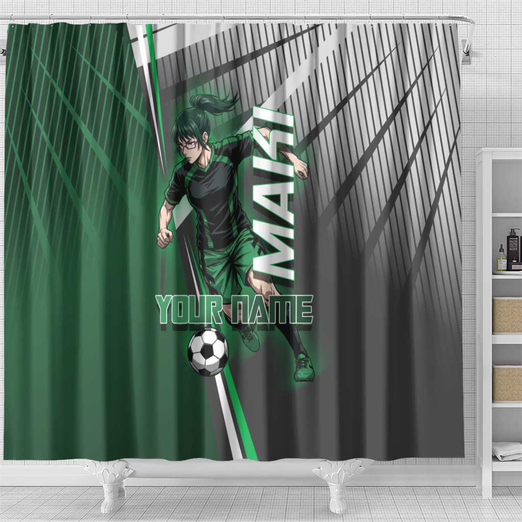 Personalized Maki Zenin Jujutsu Kaisen Shower Curtain Anime Soccer Design, Green Monochrome Action Pose