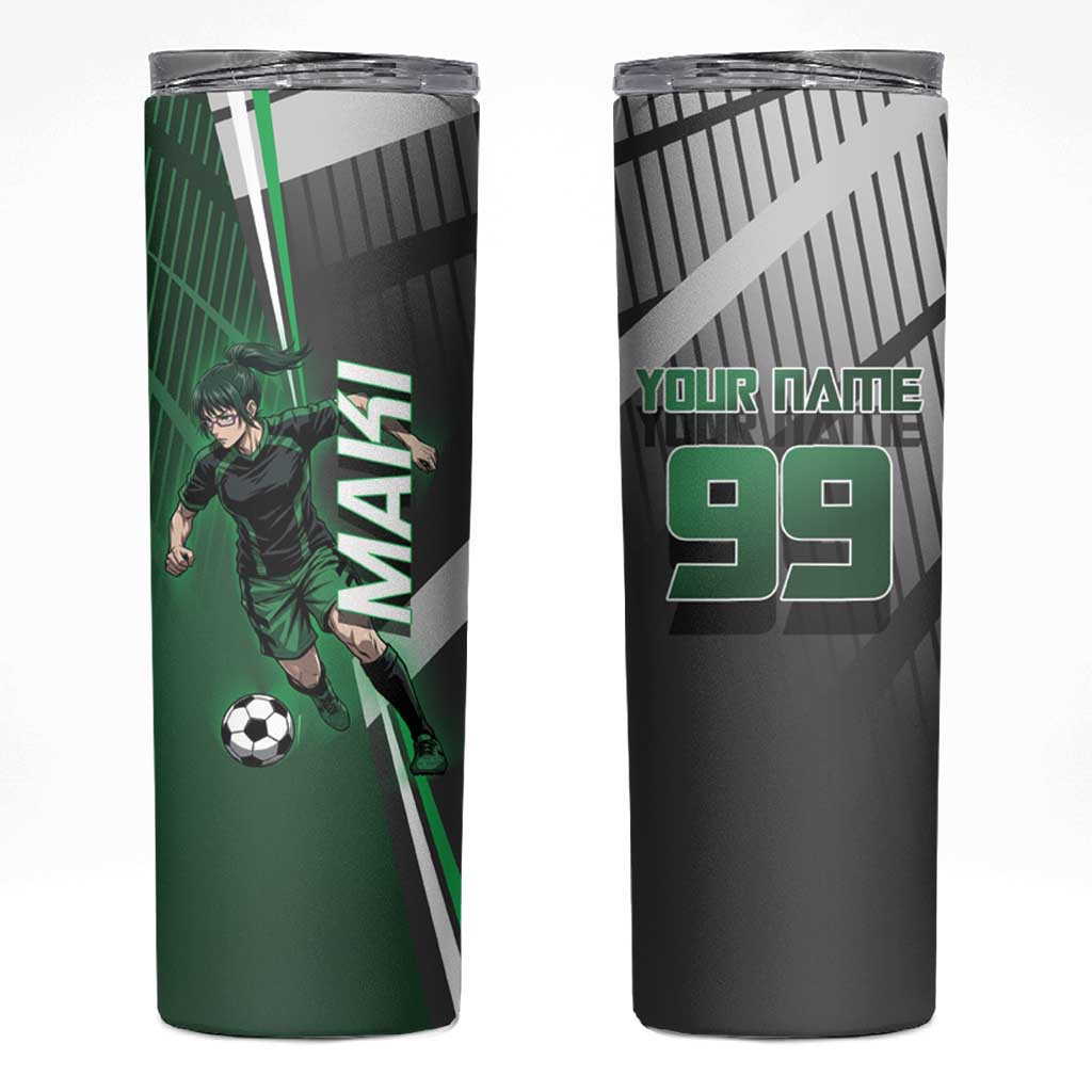 Personalized Maki Zenin Jujutsu Kaisen Skinny Tumbler Anime Soccer Design, Green Monochrome Action Pose
