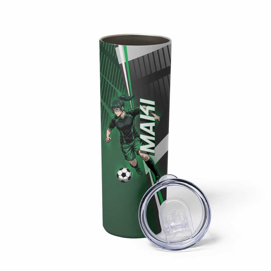 Personalized Maki Zenin Jujutsu Kaisen Skinny Tumbler Anime Soccer Design, Green Monochrome Action Pose