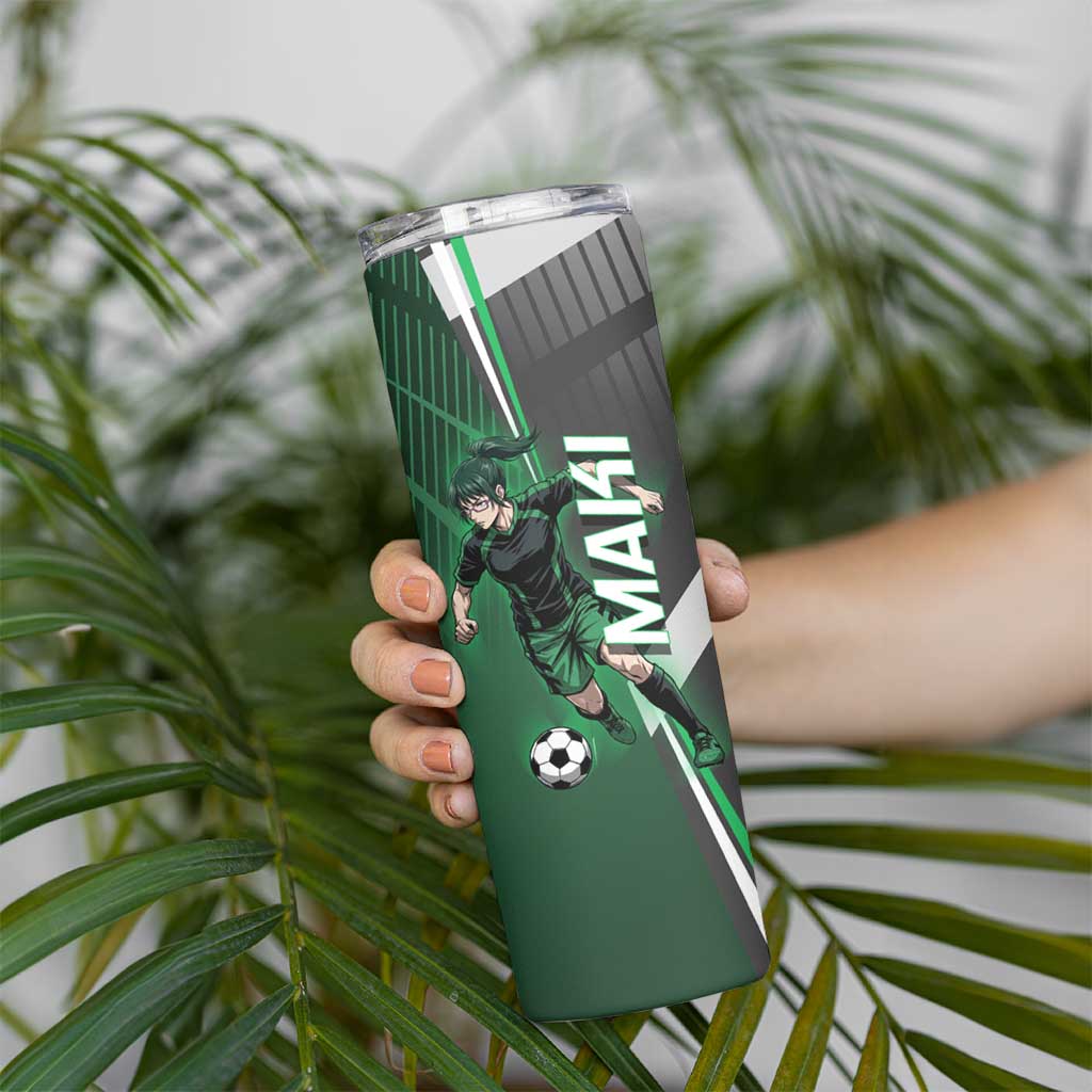 Personalized Maki Zenin Jujutsu Kaisen Skinny Tumbler Anime Soccer Design, Green Monochrome Action Pose