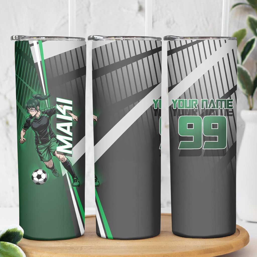 Personalized Maki Zenin Jujutsu Kaisen Skinny Tumbler Anime Soccer Design, Green Monochrome Action Pose